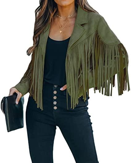 Army Green Fringe Leather Jacket Womens