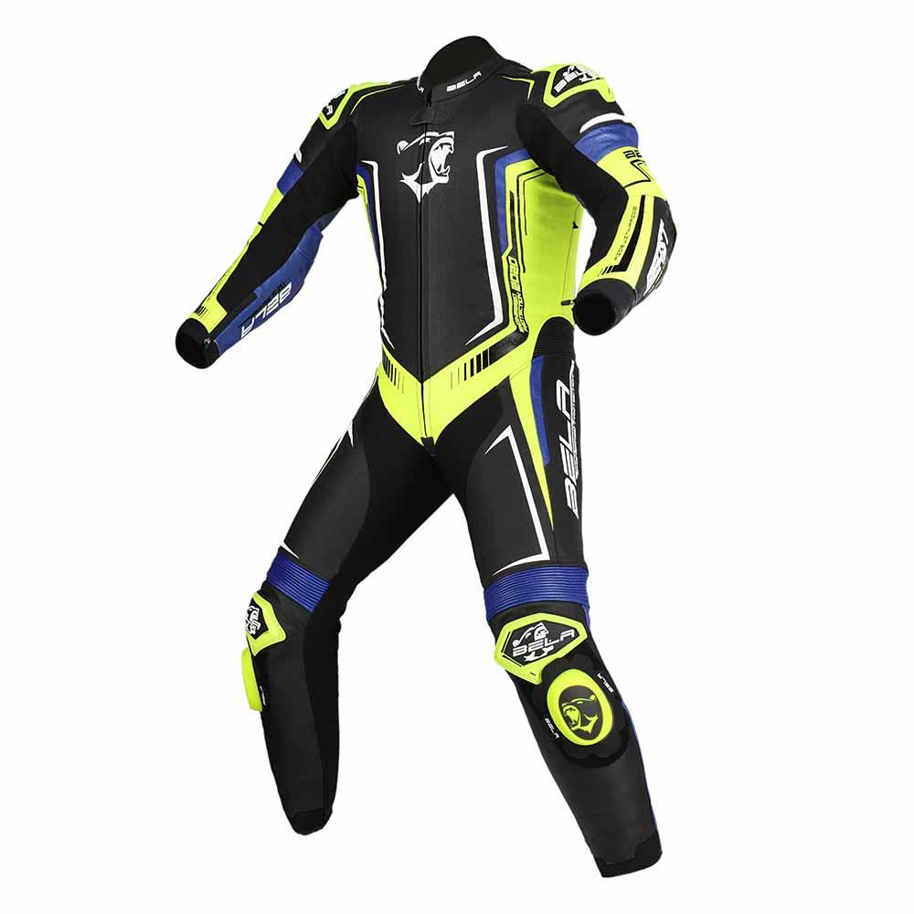 Bela Beast 1PC Leather Racing Suit Black White Yellow Blue Front