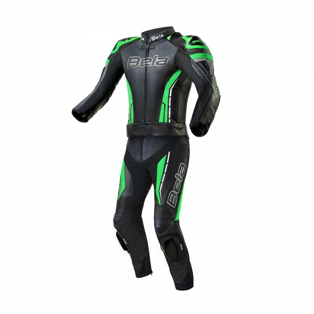 Bela Rocket Lady Motorcycle Racing 2 Piece Leather Suit Black Green Front