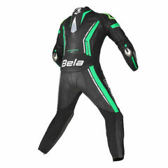 Bela Rocket Man 1PC Leather Motorcycle Racing Suit Black Green Back