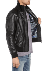Mens Casual Black Leather Bomber Jacket-2