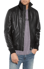 Mens Casual Black Leather Bomber Jacket-3