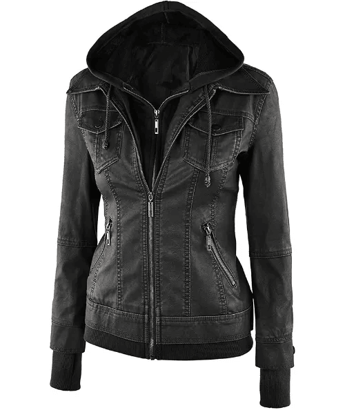 Womens Black Hooded Bomber Leather Jacket-2