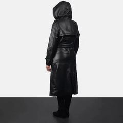 Womens Black Hooded Leather Trench Coat-1