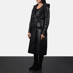 Womens Black Hooded Leather Trench Coat-3