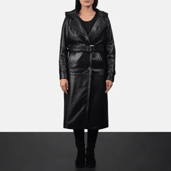 Womens Black Hooded Leather Trench Coat