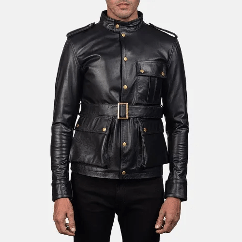Black Cow Leather Coat with Golden Brass Buttons