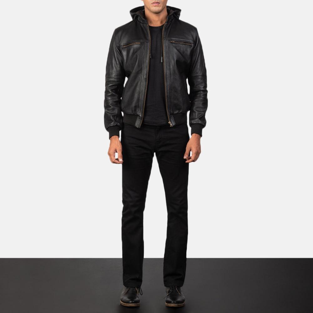 Mens Black Leather Hooded Jacket-5