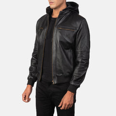 Mens Black Leather Hooded Jacket-1