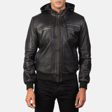 Mens Black Leather Hooded Jacket-3