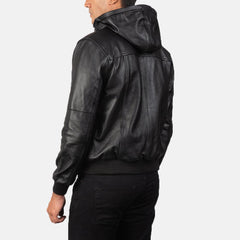 Mens Black Leather Hooded Jacket-2