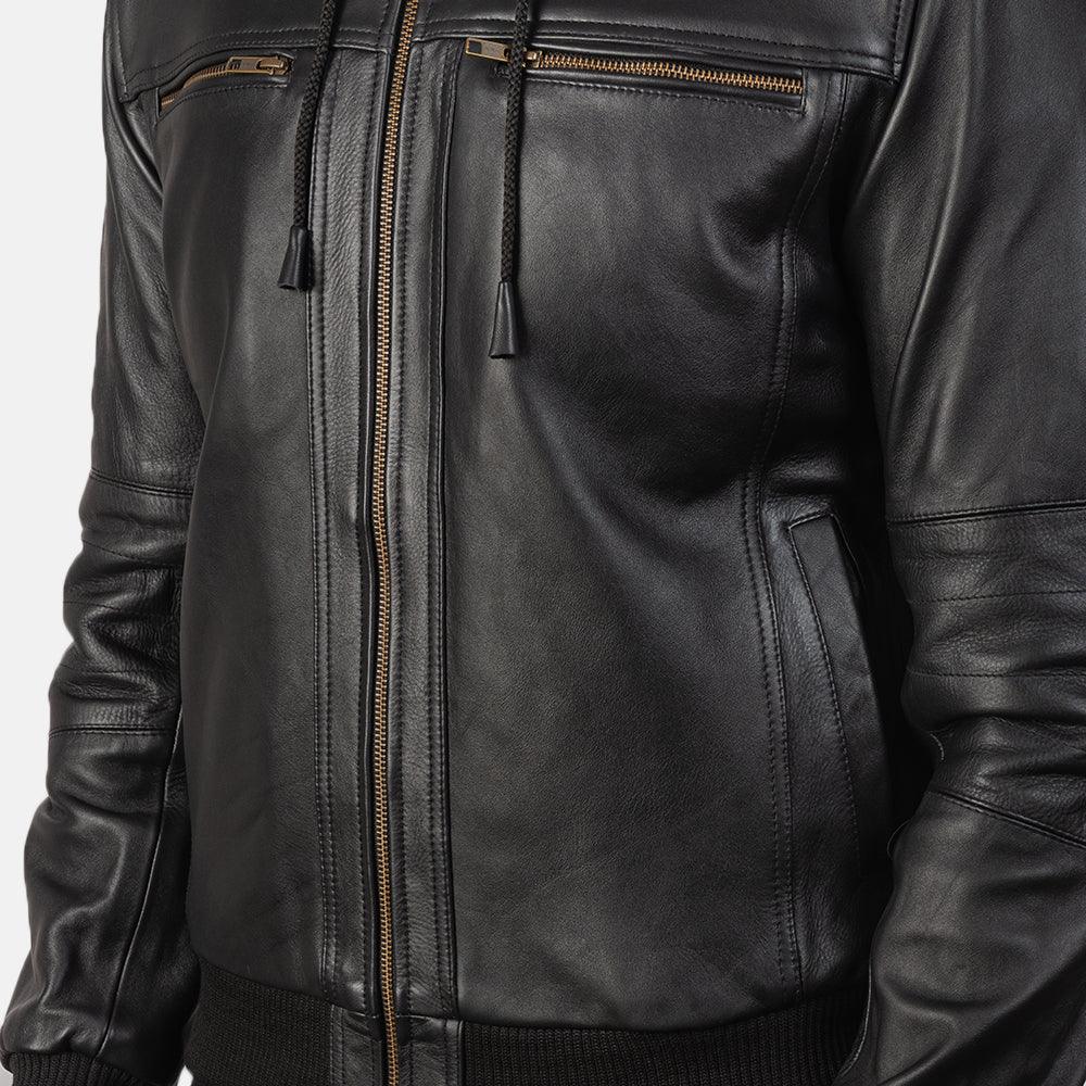 Mens Black Leather Hooded Jacket-4