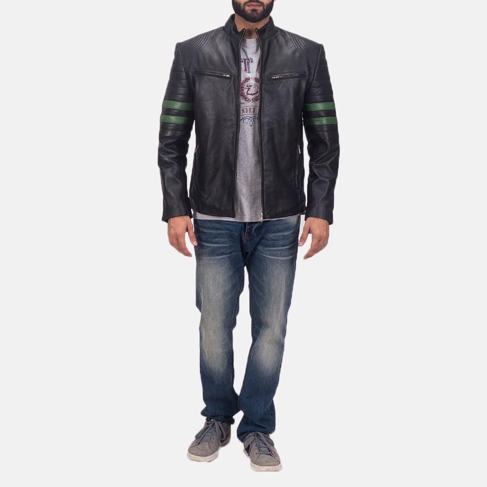 Black Leather Jacket with Green Stripes-5