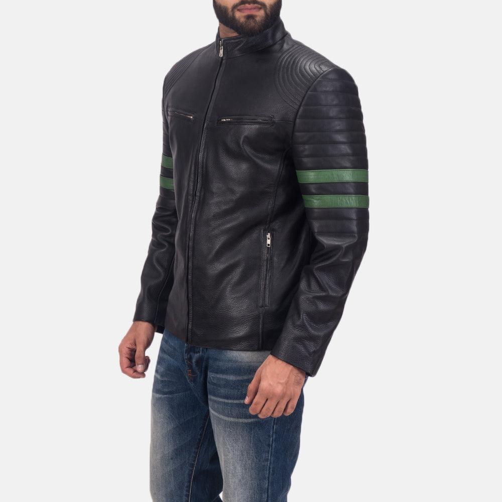 Black Leather Jacket with Green Stripes-4