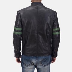 Black Leather Jacket with Green Stripes-3