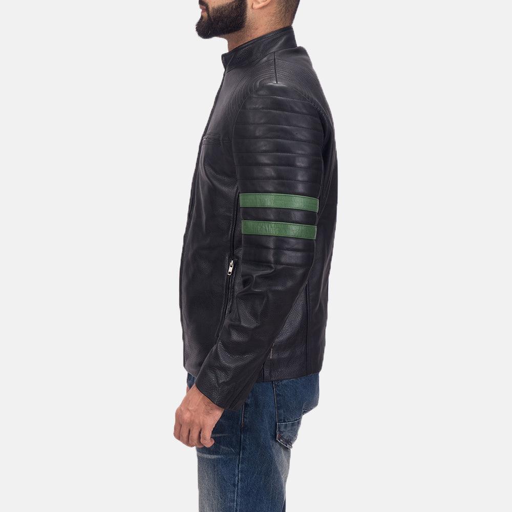 Black Leather Jacket with Green Stripes-2