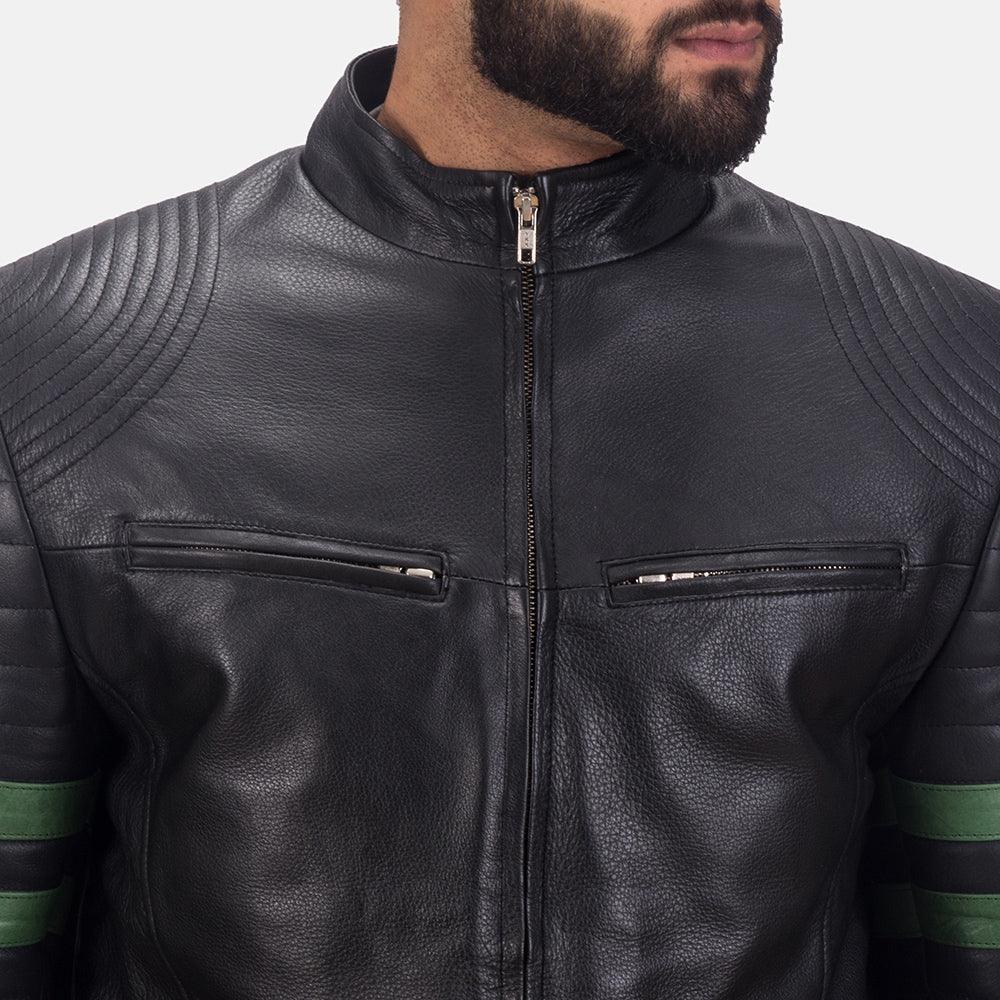 Black Leather Jacket with Green Stripes-1