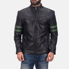 Black Leather Jacket with Green Stripes