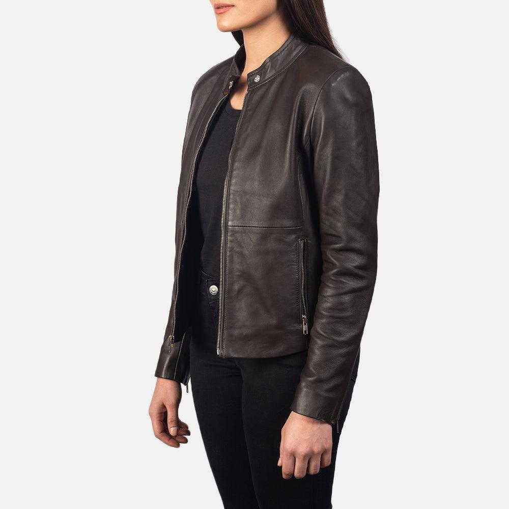 Women's Brown Leather Biker Jacket-4