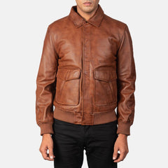 Coffman Olive Brown Leather Bomber Jacket Men