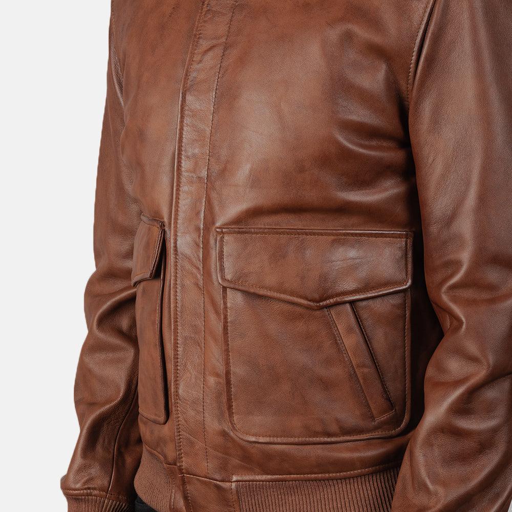Coffman Olive Brown Leather Bomber Jacket Men-2