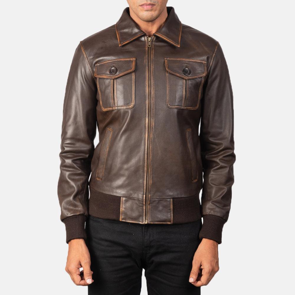 Brown Leather Bomber Jacket-3