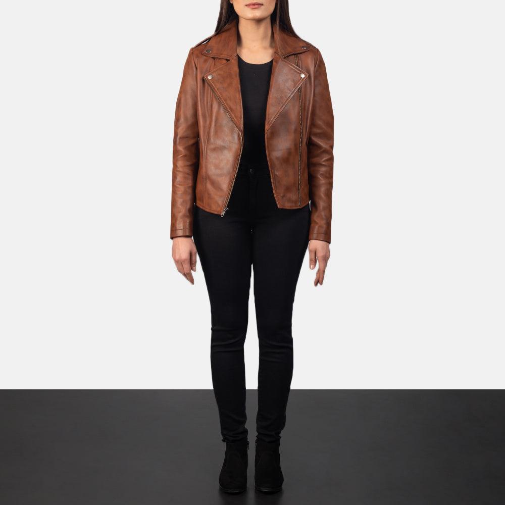 Brown Waxed Leather Jacket Women-5