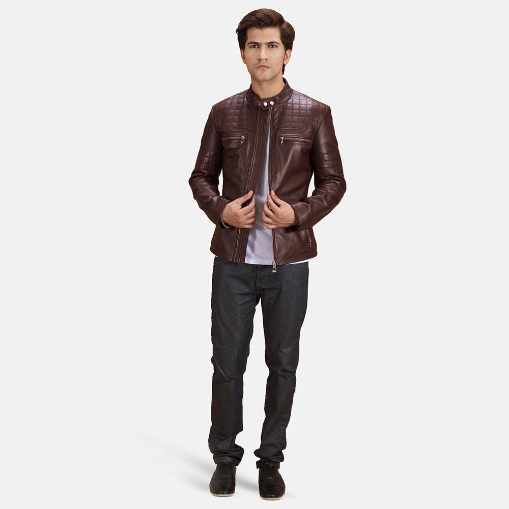 Mens Burgundy Leather Quilted Jacket-5