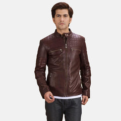 Mens Burgundy Leather Quilted Jacket