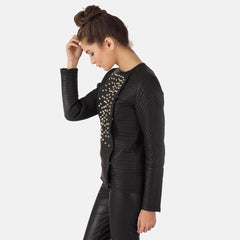 Womens Celeste Studded Black Leather Jacket-2