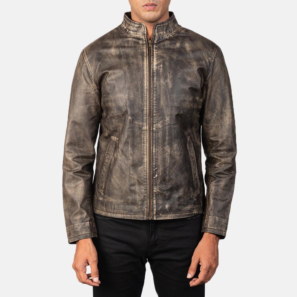 Mens Chocolate Brown Distressed Leather Jacket-1