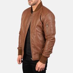 Classic Brown leather Bomber Jacket-2