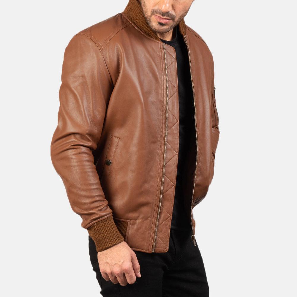 Classic Brown leather Bomber Jacket-4