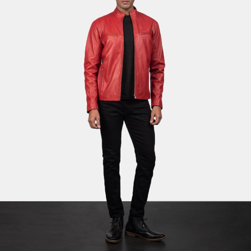 Mens Classic Red Leather fashion Jacket-5