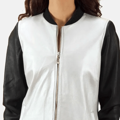 Cole Silver Leather Bomber Jacket Women-4