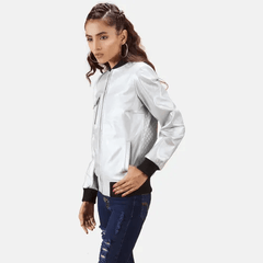 Cole Silver Leather Bomber Jacket Women-1