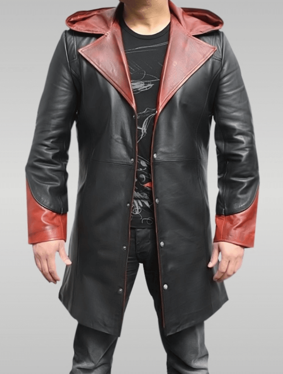 Devil May Cry Dante Jacket Black Leather Hooded Coat Front