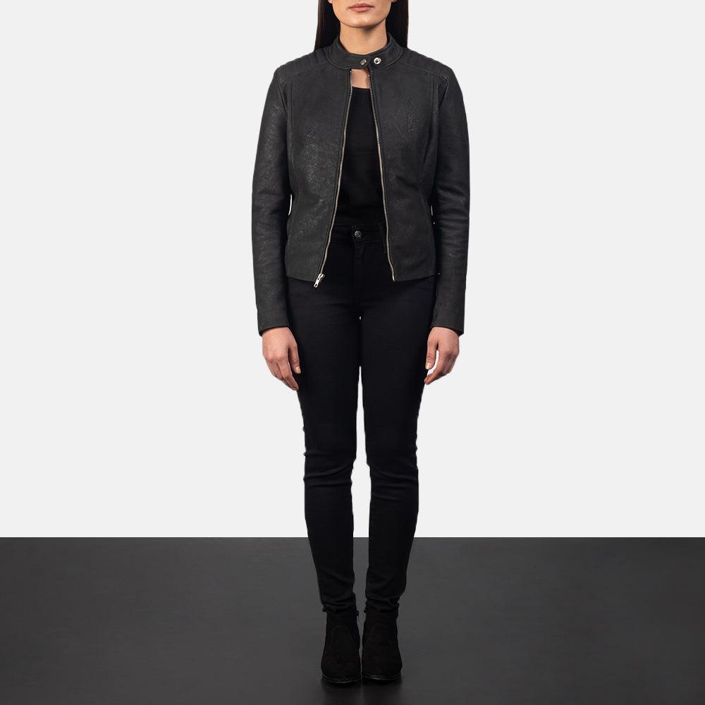 Womens Distressed Black Leather Jacket-5