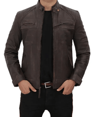 Mens Biker Brown Quilted Distressed Leather Jacket-1