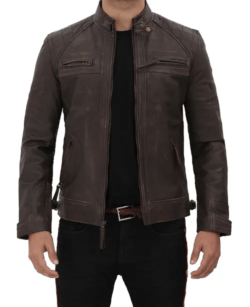 Mens Biker Brown Quilted Distressed Leather Jacket-2
