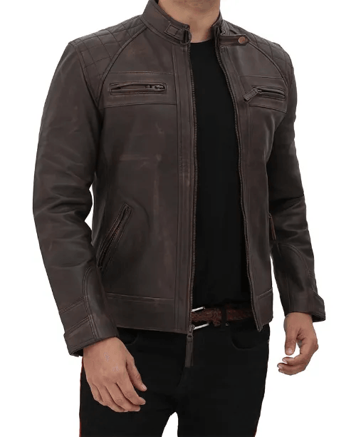 Mens Biker Brown Quilted Distressed Leather Jacket-4