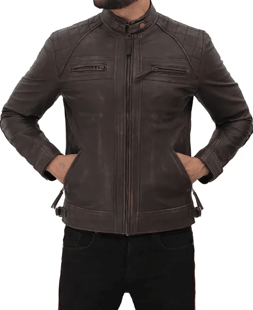 Mens Biker Brown Quilted Distressed Leather Jacket