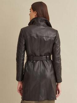 Womens Double-Breasted Belted Leather Trench Coat-2