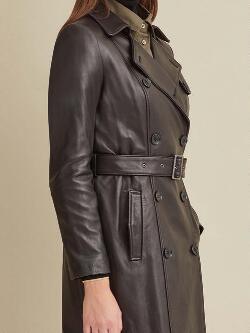 Womens Double-Breasted Belted Leather Trench Coat-1