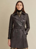 Womens Double-Breasted Belted Leather Trench Coat