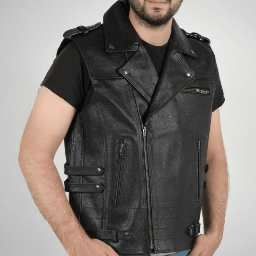 Enigma Black Leather Vest Men-5