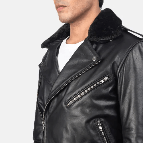 Furton Black Leather Biker Jacket Men-3