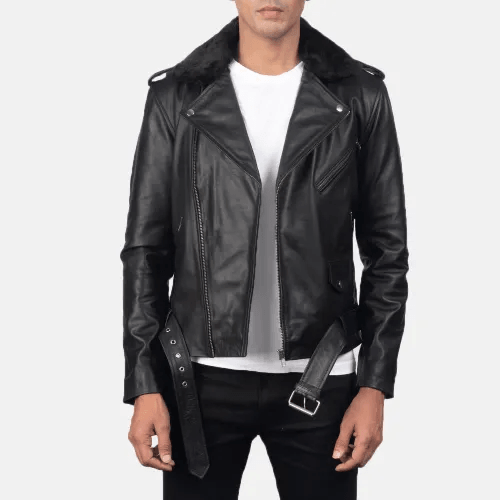 Furton Black Leather Biker Jacket Men