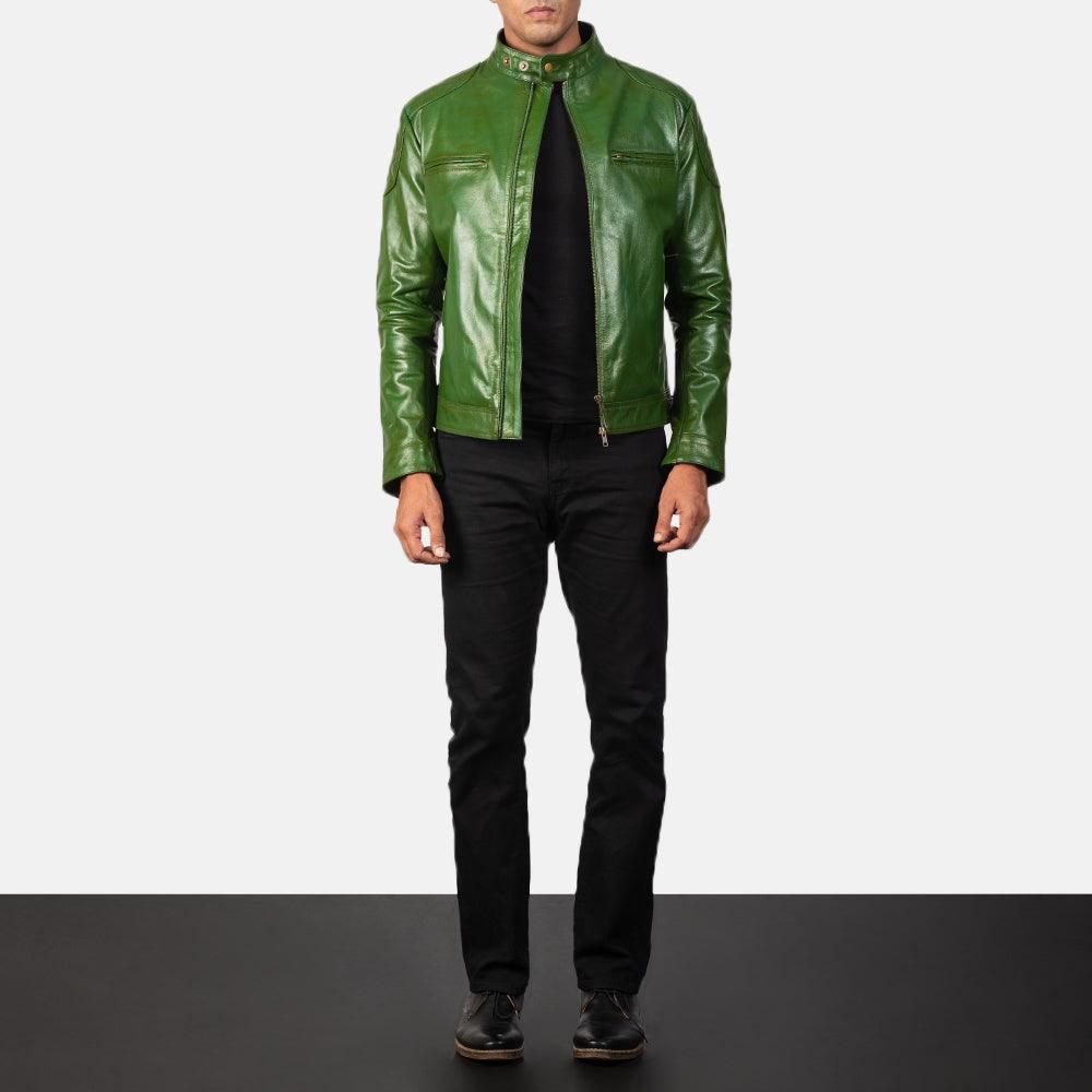 Green Leather Biker Jacket Men-5