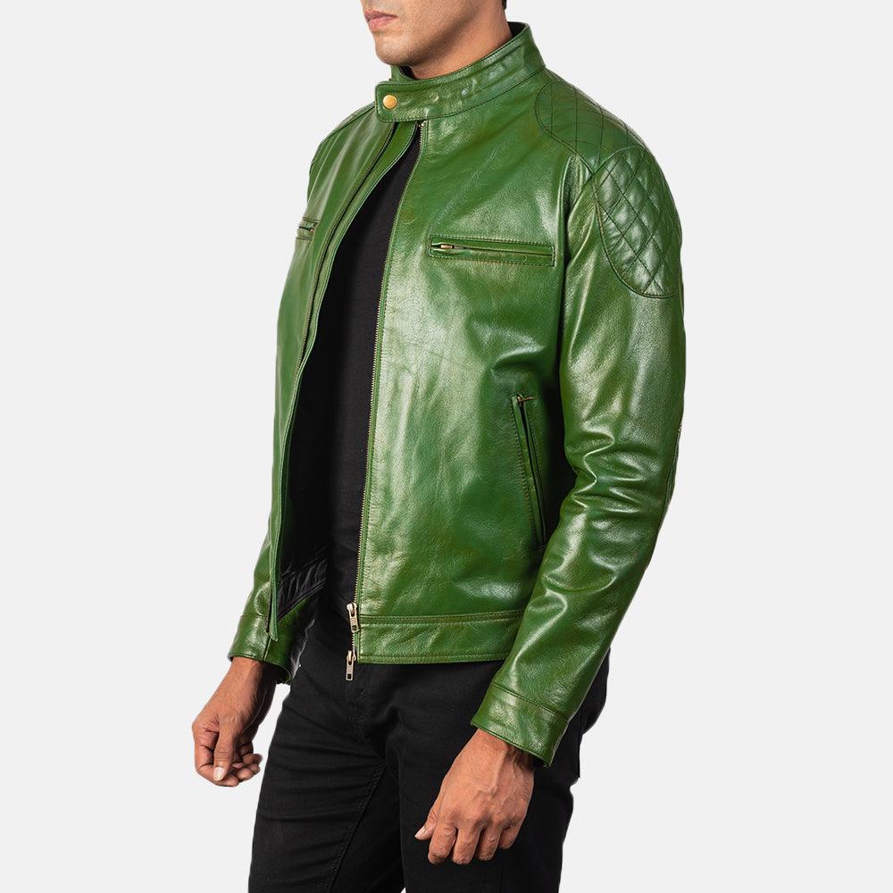 Green Leather Biker Jacket Men-4